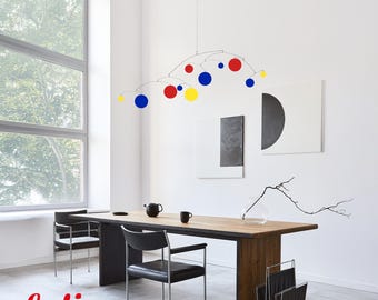 ELATION XL Kinetic Art Mobile: Mid Century Modern Hanging Sculpture in blue red and yellow  | custom sizes and colors too