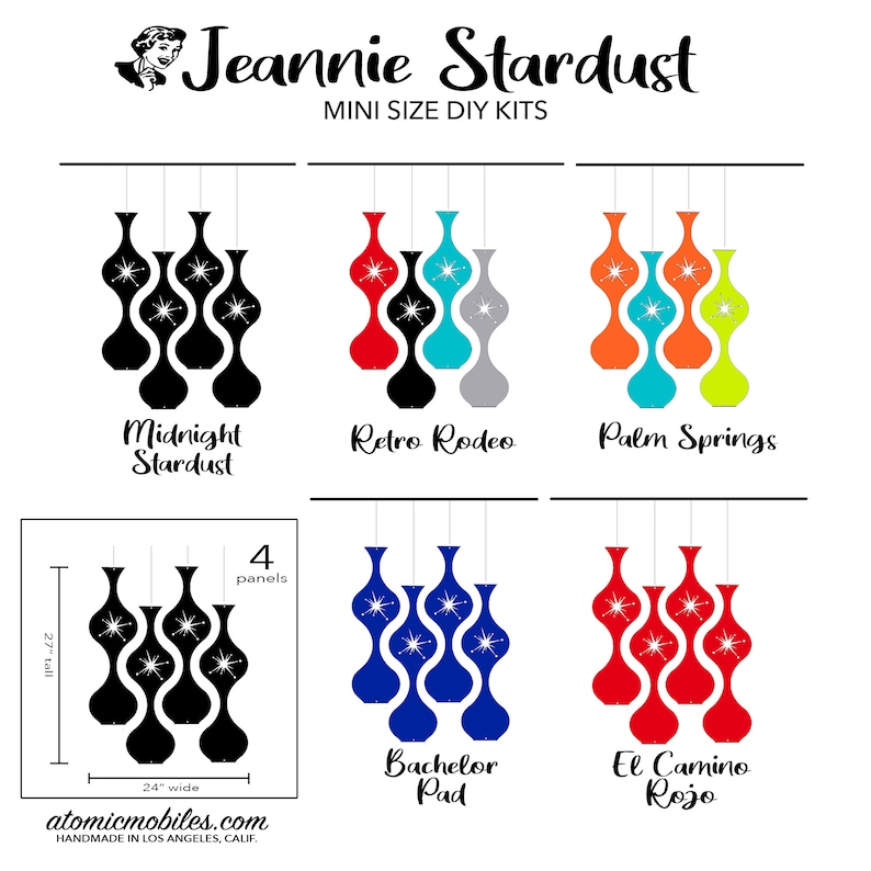 May include: A graphic featuring six different designs of atomic mobiles. Each design showcases a set of three or four stylized vase-shaped panels in various color schemes, including black, red, blue, and orange. The text "Jeannie Stardust" and "Mini Size DIY Kits" are at the top.