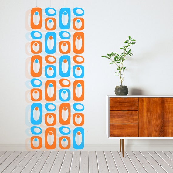 Retro Mid Century Modern Room Divider: MCM Atomic Orange & Blue DIY MODular Kinetic Art Mobiles, Screens, Curtains