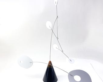 Kinetic Art Stabile: Black & Orange Modern Tabletop Sculpture