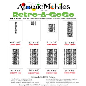 Pu&ograve; includere: Un grafico che mostra diverse dimensioni di kit di mobili fai-da-te. I kit sono realizzati con cerchi neri e bianchi e sono disponibili in dimensioni che vanno da 16,5 cm per 117 cm a 137 cm per 157 cm. I kit si chiamano "Retro-A-GoGo" e sono disponibili presso Atomic Mobiles.