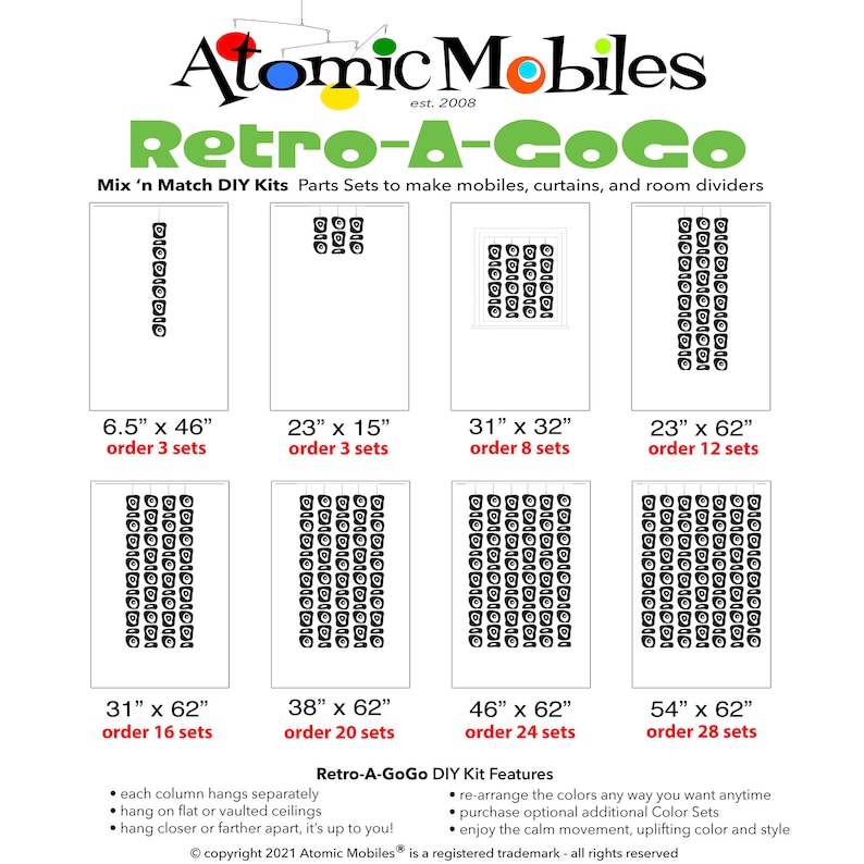Pu&ograve; includere: Un grafico che mostra diverse dimensioni di kit di mobili fai-da-te. I kit sono realizzati con cerchi neri e bianchi e sono disponibili in dimensioni che vanno da 16,5 cm per 117 cm a 137 cm per 157 cm. I kit si chiamano "Retro-A-GoGo" e sono disponibili presso Atomic Mobiles.