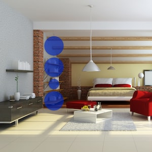 Móvil cinético XL azul marino: Escultura colgante moderna, 233 cm de largo