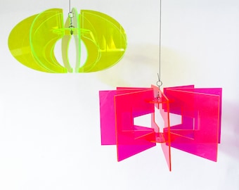 2 Fluorescent RotaMobiles | Kinetic Space Age Hanging Pendant Art Mobiles | Neon Bright Home Decor | Mid Century Modern Retro Mod Style