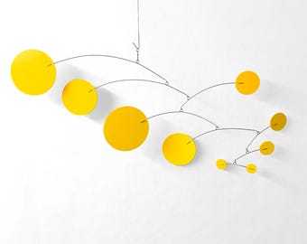 Yellow Kinetic Art Mobile: Mid Century Modern Hanging Decor