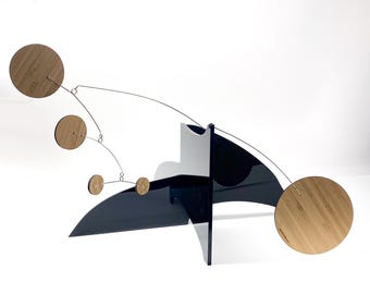 Elegant Bamboo Kinetic Sculpture: Modern Art Stabile, Black & Bamboo
