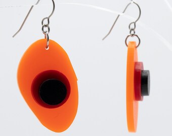 Bold Fun  Earrings - One of a Kind Orange Red Black - Acrylic Asymmetrical Statement Earrings - Mod Girls Earrings - Gifts for Her