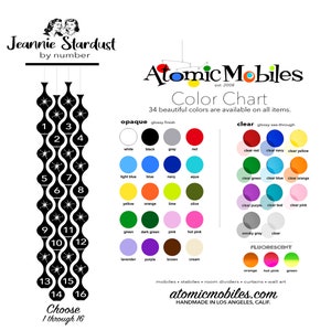 May include: Color chart for Atomic Mobiles, featuring 34 colors, including opaque and clear options. The chart includes a range of colors from white to black, and fluorescent options. The image also shows a mobile design with numbers 1-16.