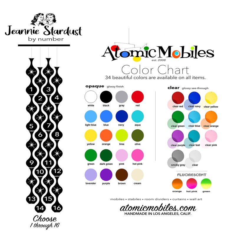May include: Color chart for Atomic Mobiles, featuring 34 colors, including opaque and clear options. The chart includes a range of colors from white to black, and fluorescent options. The image also shows a mobile design with numbers 1-16.