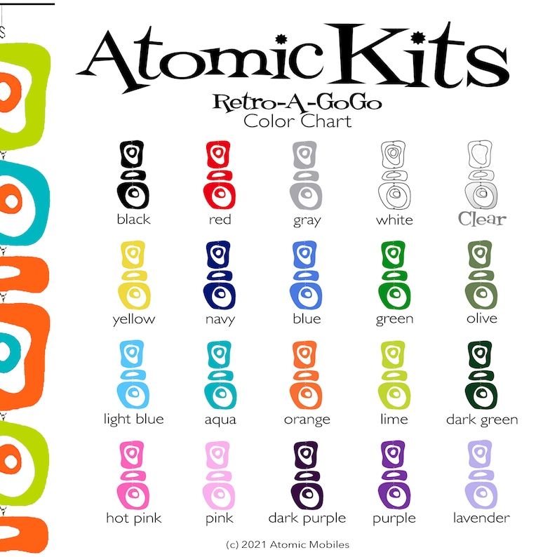 Pu&ograve; includere: Tabella colori per i kit mobili Atomic Kits Retro-A-GoGo. La tabella mostra 16 diverse opzioni di colore per i kit, tra cui nero, rosso, grigio, bianco, trasparente, giallo, blu navy, blu, verde, oliva, azzurro, acqua, arancione, verde lime, verde scuro, rosa acceso, rosa, viola scuro, viola e lavanda.