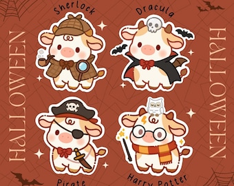 Cows in costumes die-cut stickers, Halloween, cow stickers