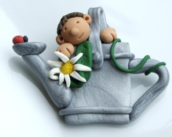 Brooch - Little People Watering Can Hand Crafted Polymer Clay Mother's Day