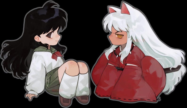 以下が含まれることがあります： 2 人の漫画のキャラクターのイラスト。1 人は黒髪の制服を着ており、もう 1 人は白髪と赤い衣装を着ています。キャラクターは座っており、お互いに向き合っており、背景は黒です。
