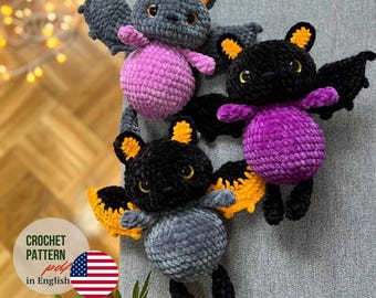 Patrón de murciélago a crochet | Tutorial de peluche de Halloween | Muñeco de peluche de murciélago DIY | Patrón de crochet de temporada espeluznante | Murciélago amigurumi | Murciélago de Halloween