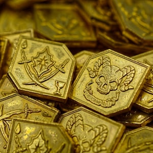 100 Gold Fiendish Themed DnD Metal Game Coins, TTRPG Accessories, Red Dragon Inn, Dungeons and Dragons & Tabletop Games, Board Game Token