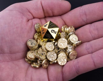 100 Gold DnD Metal Game Coins, TTRPG Accessories, Currency for Wyrmspan, Dungeons and Dragons & Tabletop RPG Games, Board Game Token