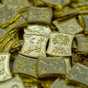 100 Gold Elven Themed DnD Metal Game Coins, TTRPG Accessories, Red Dragon Inn, Dungeons and Dragons & Tabletop RPG Games, Board Game Token