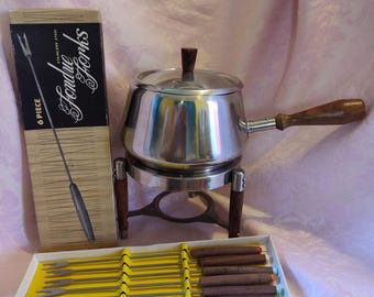 Vintage MCM Royal Dolphin Fondue Pot with Forks Stainless Steel & Teak Wood Made in Japan