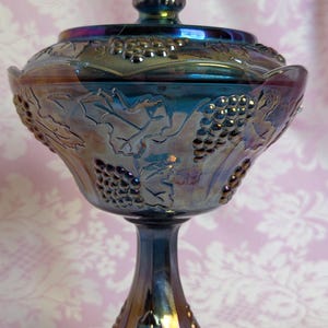 Vintage Indiana Glass Co Blue Iridescent Carnival Glass Pedestal Compote