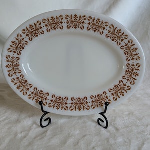 Vintage PYREX TABLEWARE by Corning Made in USA Milk Glass Copper Filigree Pattern Oval Dinner Plates 9&quot; x 7&quot;