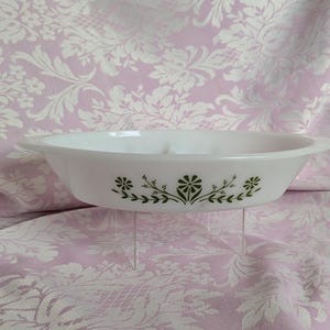 Vintage GLASBAKE Milk Glass Green Daisy Divided Casserole Dish