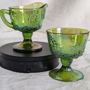 Vintage Iridescent Green Indiana Carnival Glass Sugar Bowl & Creamer Set