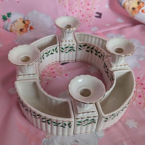 Vintage Ceramic Holly Berry Design with Gold Detailing Candle Holder and Floral or Candy Arrangements Round Table Centerpiece  8 Piece Set