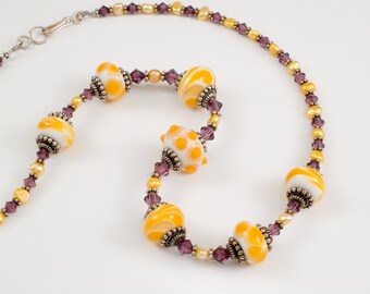 Yellow and Purple Necklace of Art Glass and Swarovski