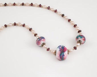 Necklace of Garnet, Pink Pearls, and Art Glass