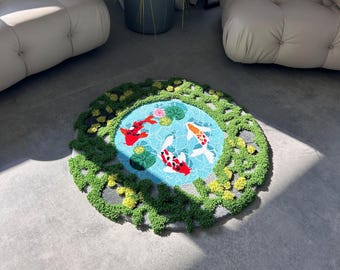 Tapijt vissen koi in de vijver, pluizig dierentapijt, handgemaakt op maat 3D, woondecoratie