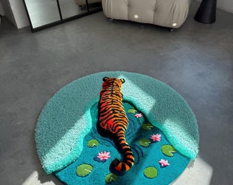 Tiger in the pond with lotus rug: custom carpet 3d Home Decor