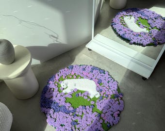 Handmade white bear sleeping in flowers 3d Rug: Fluffy Animal Home Decor