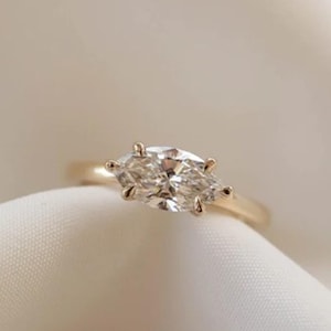 Six Prong Set Marquise Shape Moissanite Diamond Ring, Horizontal Marquise Cut Solitaire Ring, Dainty Promise Ring, Minimalist Delicate Ring