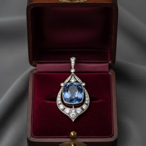 1998&#39;s Sapphire Art Deco Pendant, Blue Cushion CZ Stone Edwardian Pendant, Vintage Style Gemstone Pendant, Art Nouveau Wedding Gift Pendant