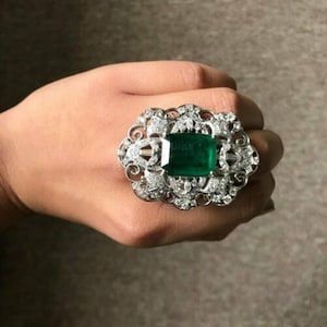 Anello da cocktail con pietra CZ e smeraldo verde, anello nuziale Art Déco per la sposa, anello in filigrana vittoriana, anello da festa con pietre preziose, anello di fidanzamento