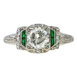 Anillo antiguo de mediados de siglo, anillo con piedra de circonita cúbica talla baguette verde y corte europeo antiguo, anillo de boda estilo art déco, anillo de compromiso de inspiración vintage