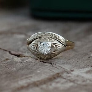 Round Cut Moissanite Diamond Art Deco Ring Set, Vintage Style Stackable Ring Set, Edwardian Wedding Bridal Ring Set, Gift For Her