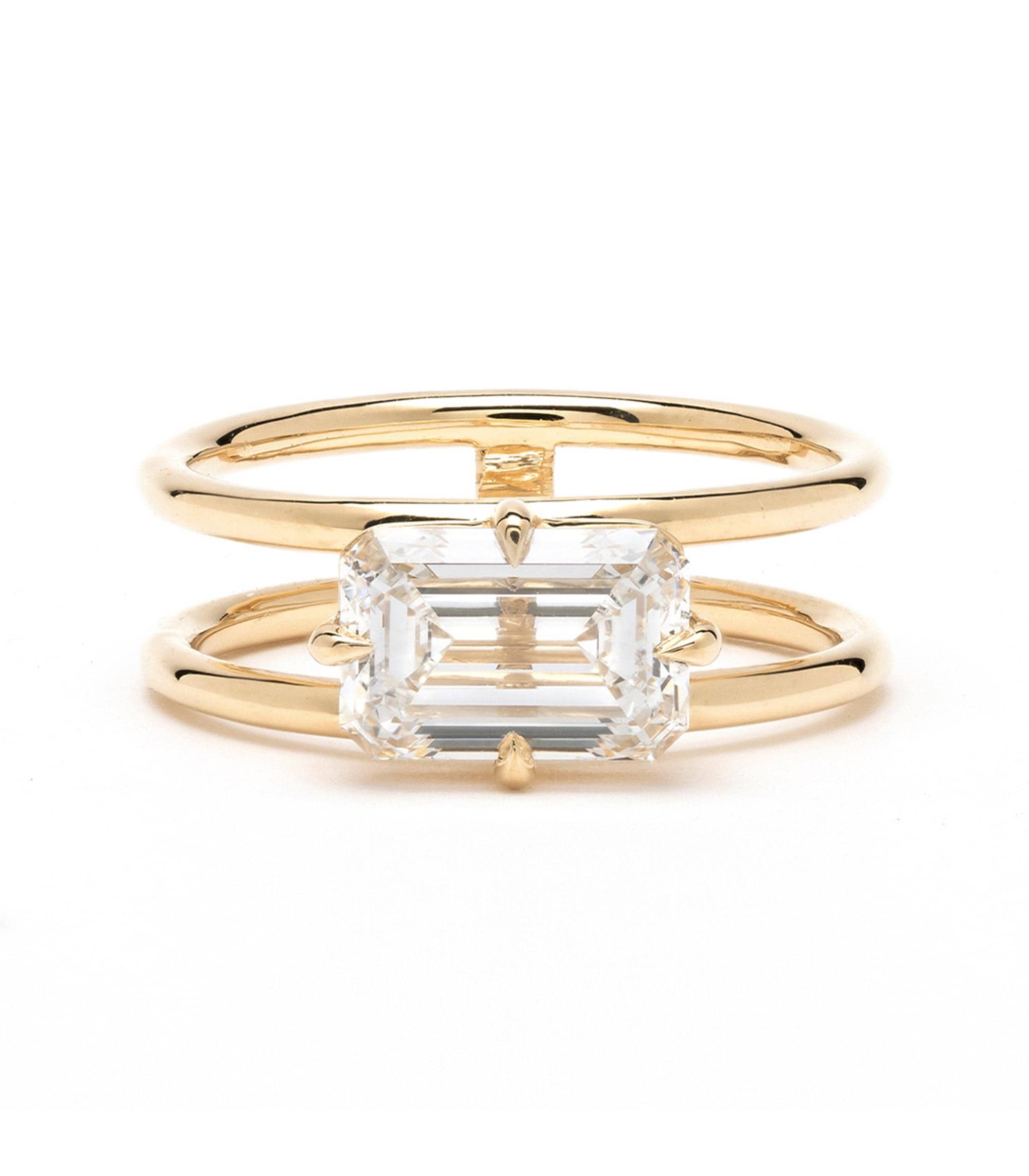 East West Emerald Cut Moissanite Diamond 14K Gold Ring, Classic Engagement Proposal Ring, Double Shank Solitaire Ring, Anniversary Gift Ring