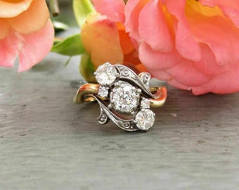 Antique Art Nouveau Ring, Old European Cut Moissanite Diamond Vintage Inspired Ring, Five Stone Art Deco Two Tone Ring, Wave Shank Ring