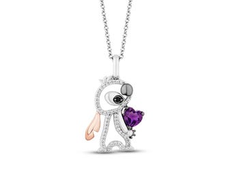Amethyst Heart Cut CZ Stone Lilo & Stitch Pendant Necklace, 925 Silver Stitch Charm Necklace, Unisex Necklace, Cartoon Inspire Pendant