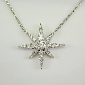 STAR Shape Pendant Necklace, Round Cut Moissanite Diamond Starburst Necklace, 18K White Gold Minimalist Necklace, Anniversary Gift For Wife