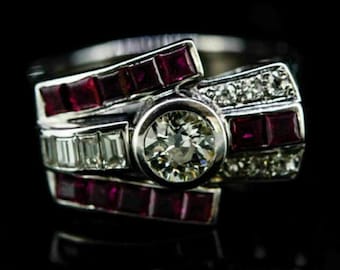 Bezel Set Round & Ruby Baguette Cut CZ Stone Ring, Vintage Style Wedding Groom Ring, Men&#39;s Edwardian Ring, Gift For Father, Engagement Ring