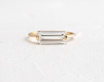East West Baguette Cut Moissanite Diamond Solitaire Ring, 14K Gold Engagement Ring, Minimalist Single Stone Ring, Wedding Proposal Ring
