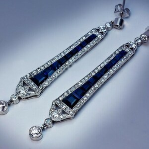 Saffier bruiloft oorbel, blauw stokbrood en rond geslepen CZ stenen oorbel, antieke art-deco lange bengeloorbel, 925 zilveren edwardiaanse oorbel