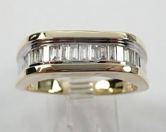 14K Yellow Gold Men's Band Ring, Channel set Baguette CZ Stone Ring, Classic Engagement Ring, Gift For Boyfriend, Proposal Ring For Him