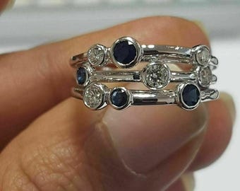 Sapphire & CZ Diamond 14K White Gold Bubble Ring