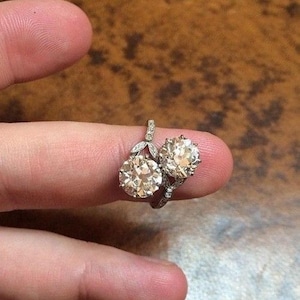 Vintage Style Two Stone Ring, Old European Cut Moissanite Diamond Retro Ring, Antique Art Deco Bypass Ring, Toi Et Moi Engagement Ring