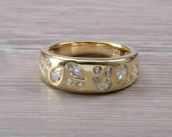 Flush Set Pear And Round Cut Moissanite Diamond Ring, 14K Yellow Gold Scattered Band Ring, Engagement Cigar Ring, Anniversary Gift For Wife