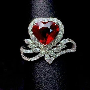 Lovable Ruby Heart Shape Ring, Multi Cut CZ Stone Halo Ring, 925 Silver Gemstone Ring, Proposal Gift For Girlfriend, Wedding Engagement Ring