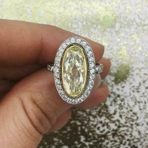Elongated Canary Oval CZ Stone Bezel Set Ring, Halo Wedding Bridal Ring, Gemstone Ring, 14K Gold Engagement Ring, Cocktail Party Wear Ring